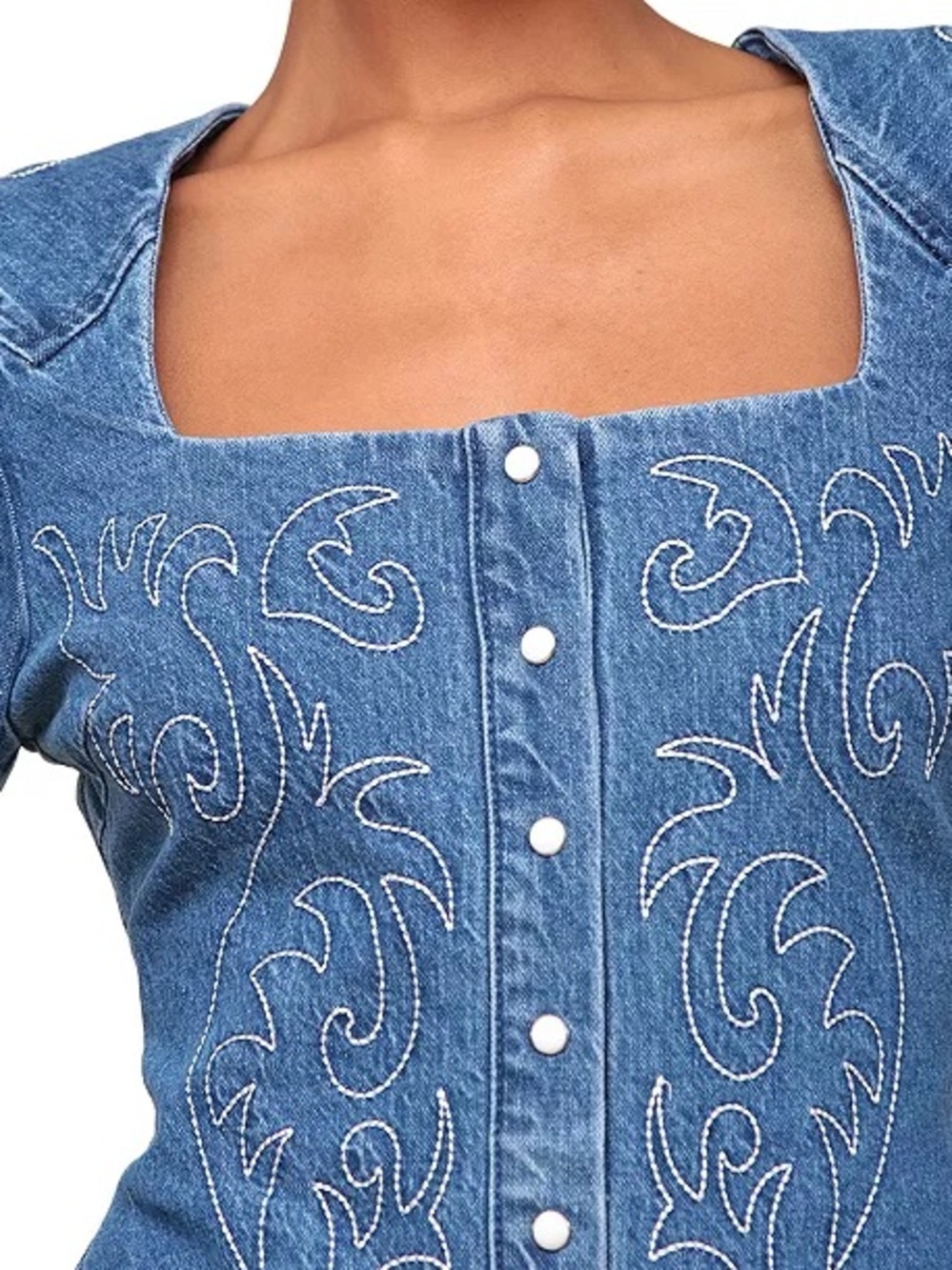 Avec Les Filles Blue Denim Embroidered Button-Front Mini Dress - Picture 4 of 12